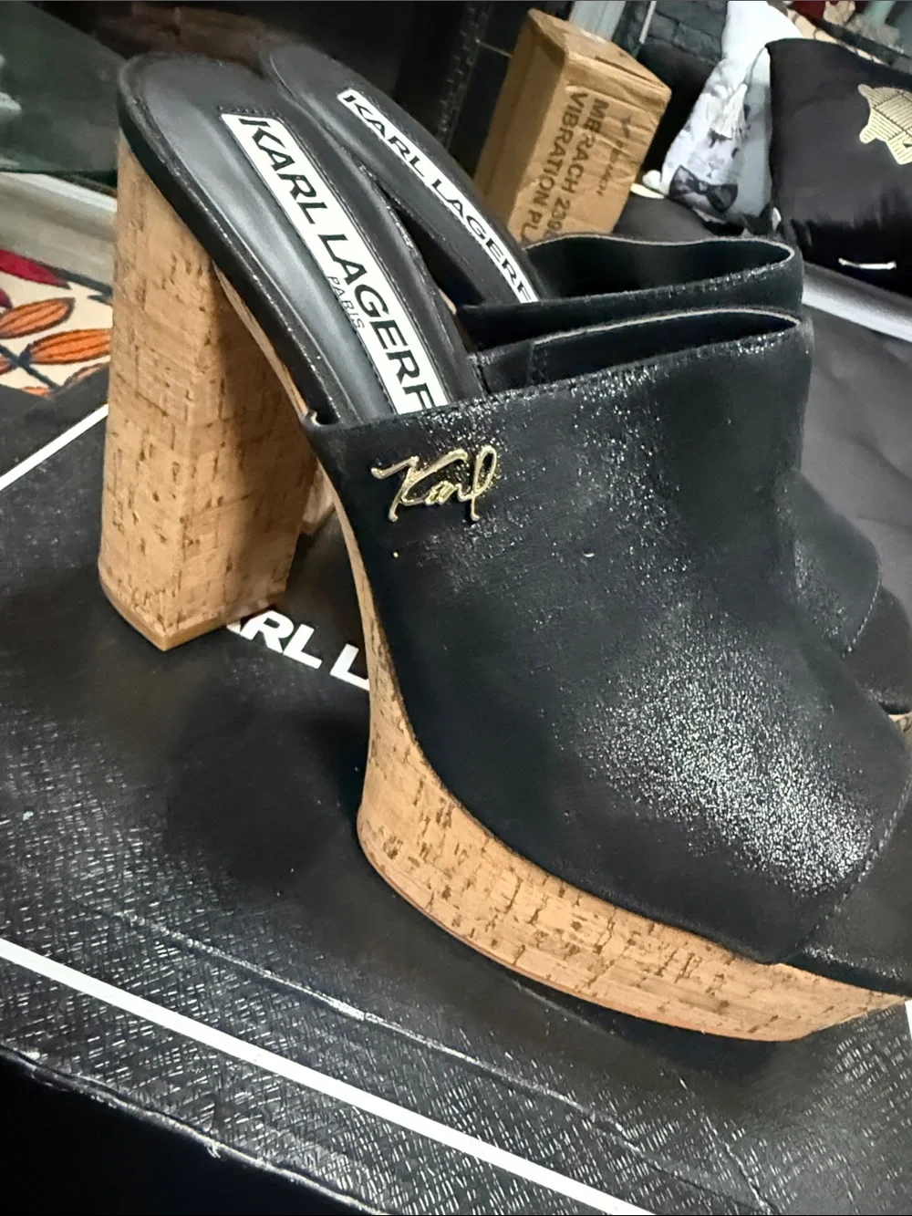 Karl Lagerfeld Black Open-Toe Cork Platform Mules